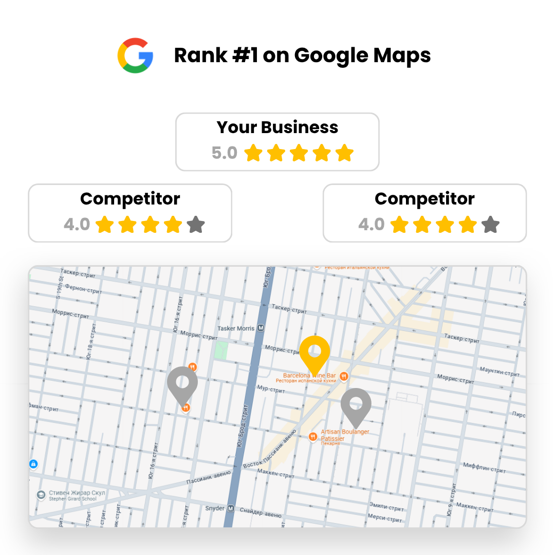 Your business pinned #1 on Google Maps with competitor pins greyed out